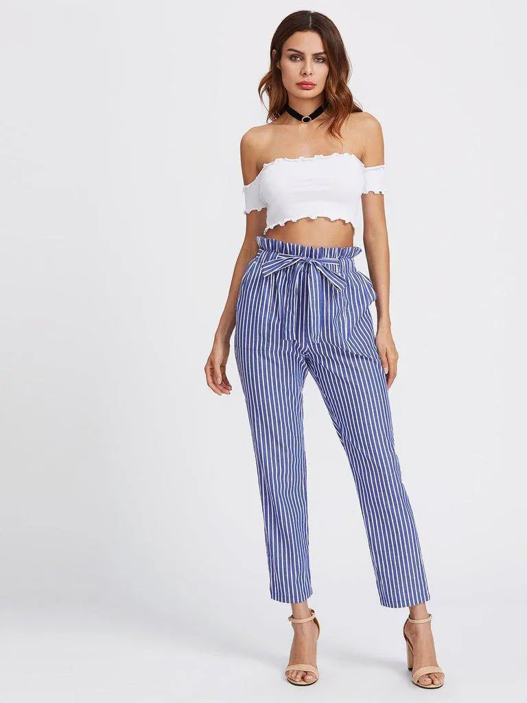 Self Tie Frill Waist Pinstripe Pants