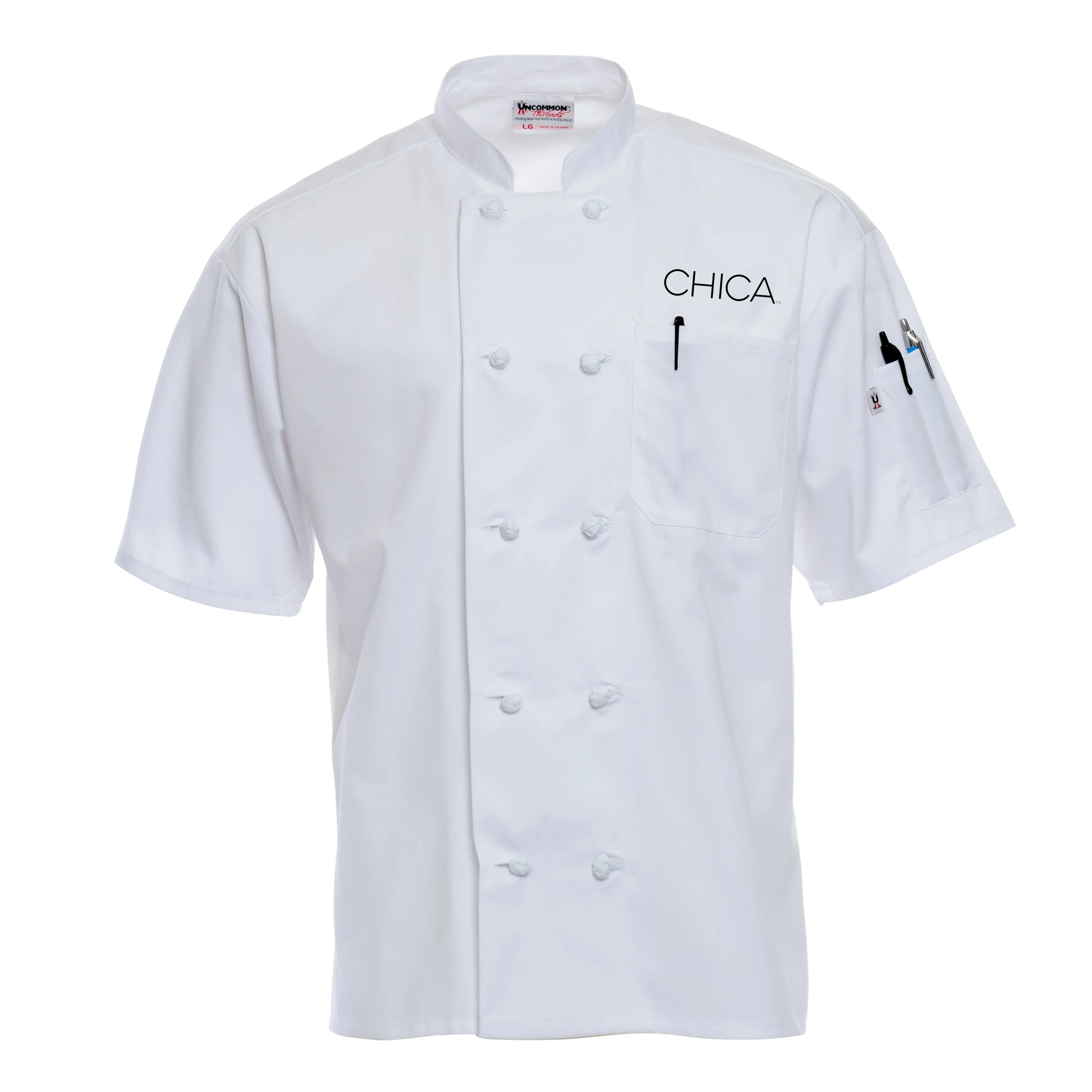 Short Sleeve Knot Button Chef Coat with Black Logo