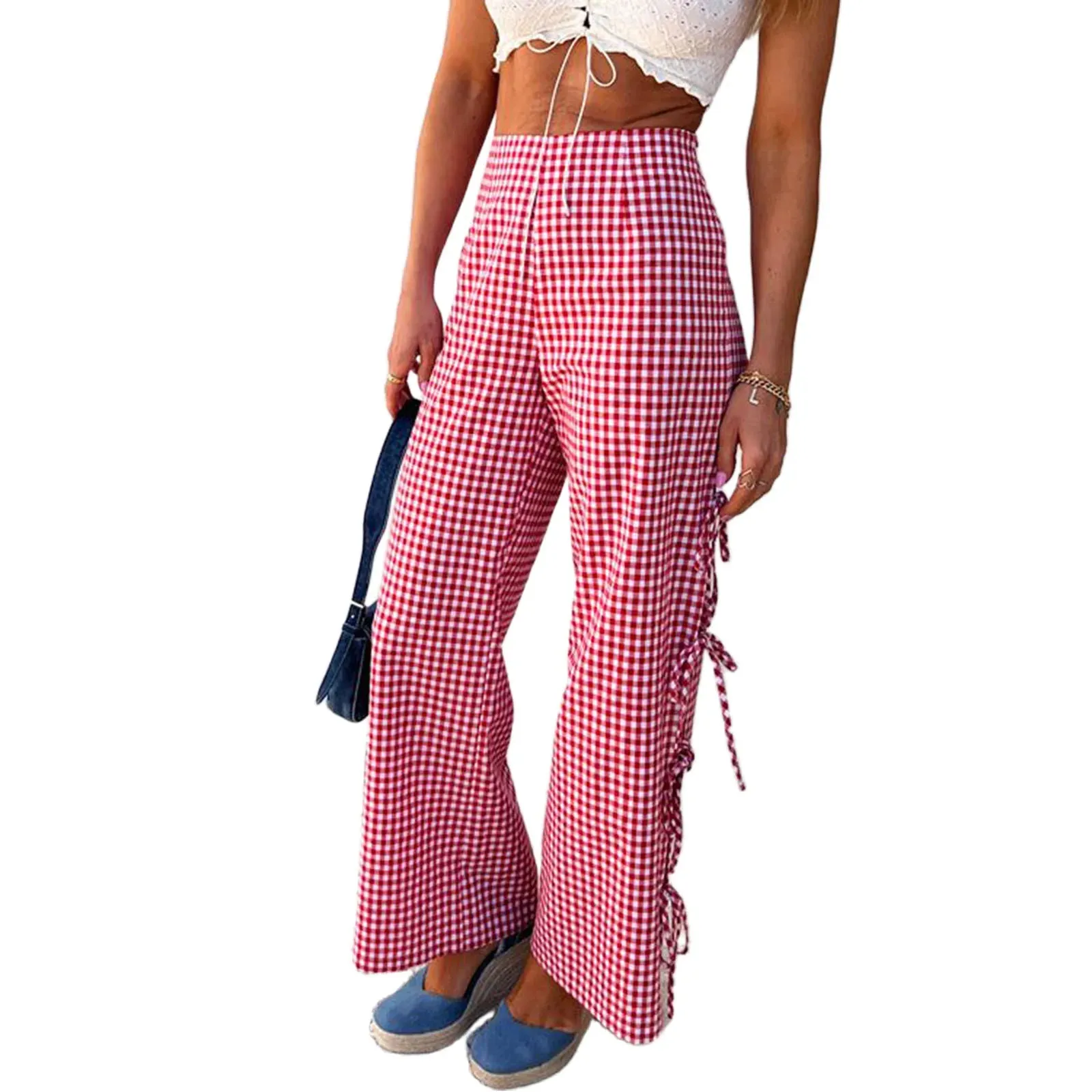 Side Tie-Up Hollow-Out Loose Wide-Leg Casual Sweat Pantss Bottoms Plaid Pants