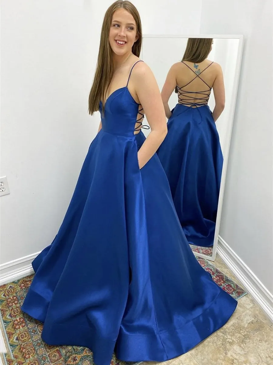 Simple V Neck Backless Royal Blue Prom with Pocket, Backless Royal Blue Formal, Royal Blue Evening