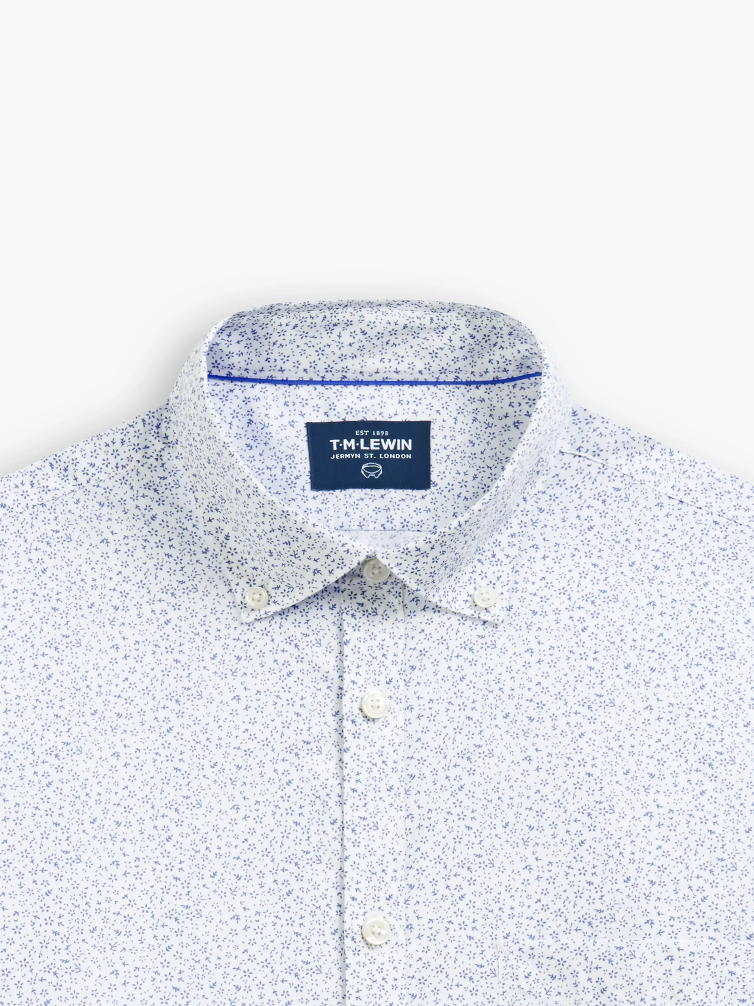 Slim Fit White and Blue Ditsy Floral Print Shirt