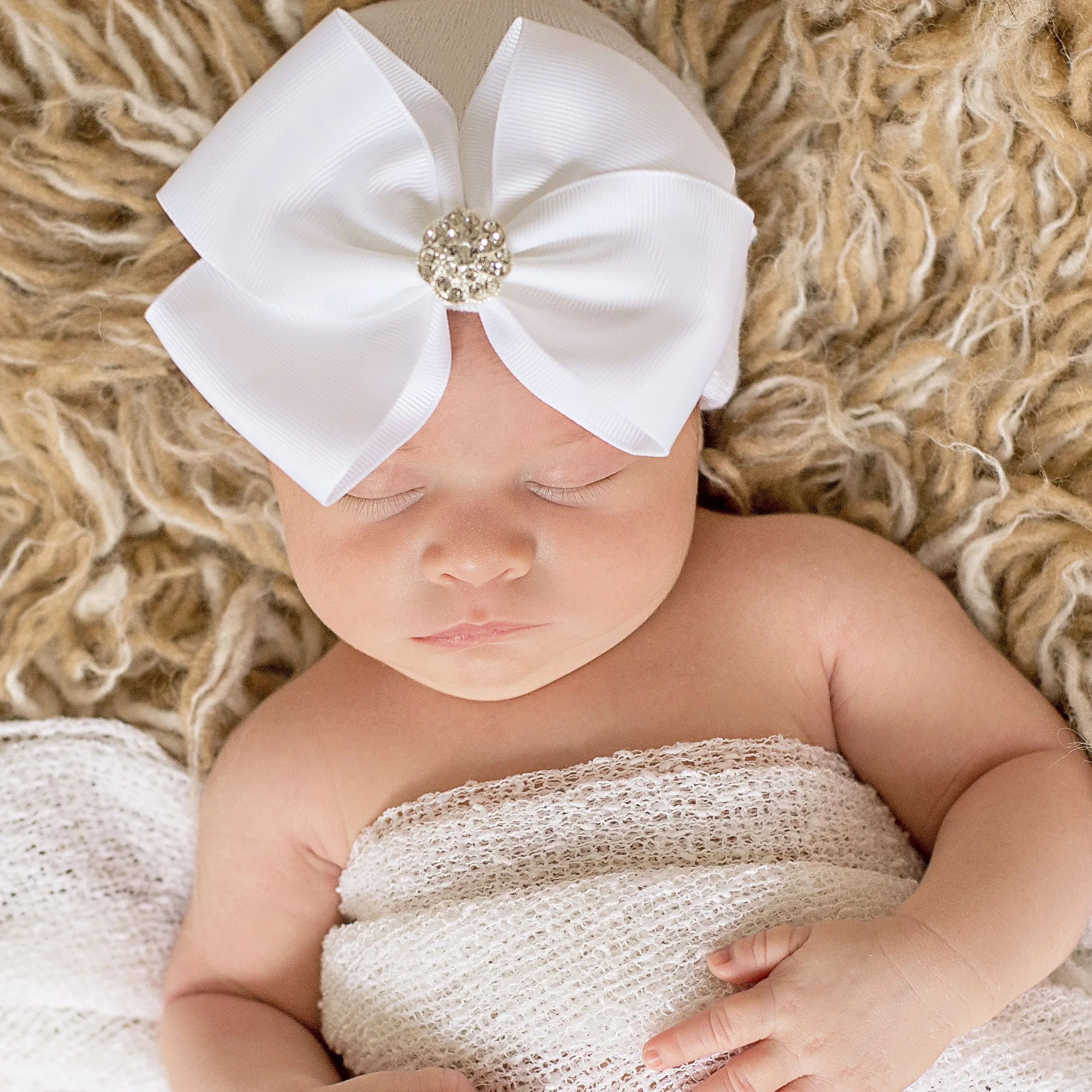 Snow White Big Ribbon Bow with Rhinestone Newborn Hospital Hat - White Hat Newborn Hat Infant Hat