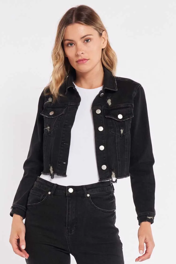 Stacey Distrssed Denim Jacket in Black