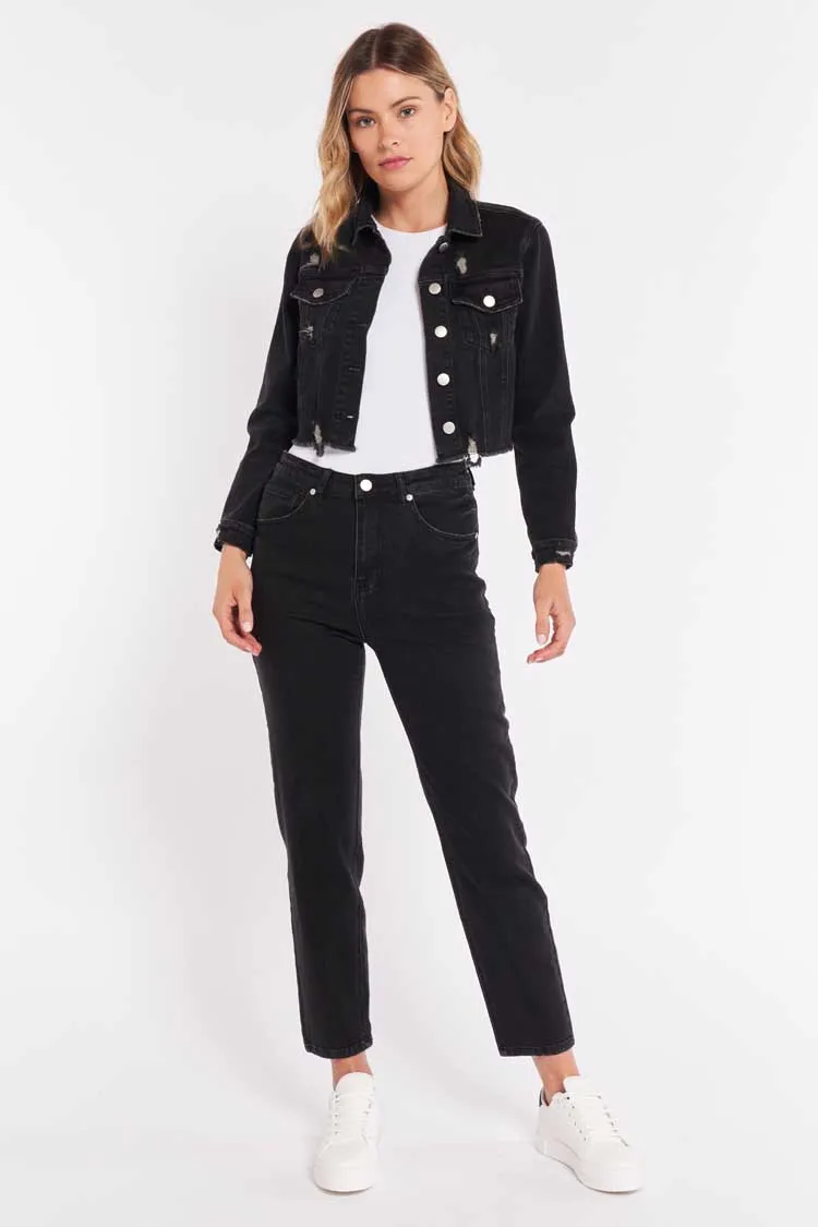 Stacey Distrssed Denim Jacket in Black