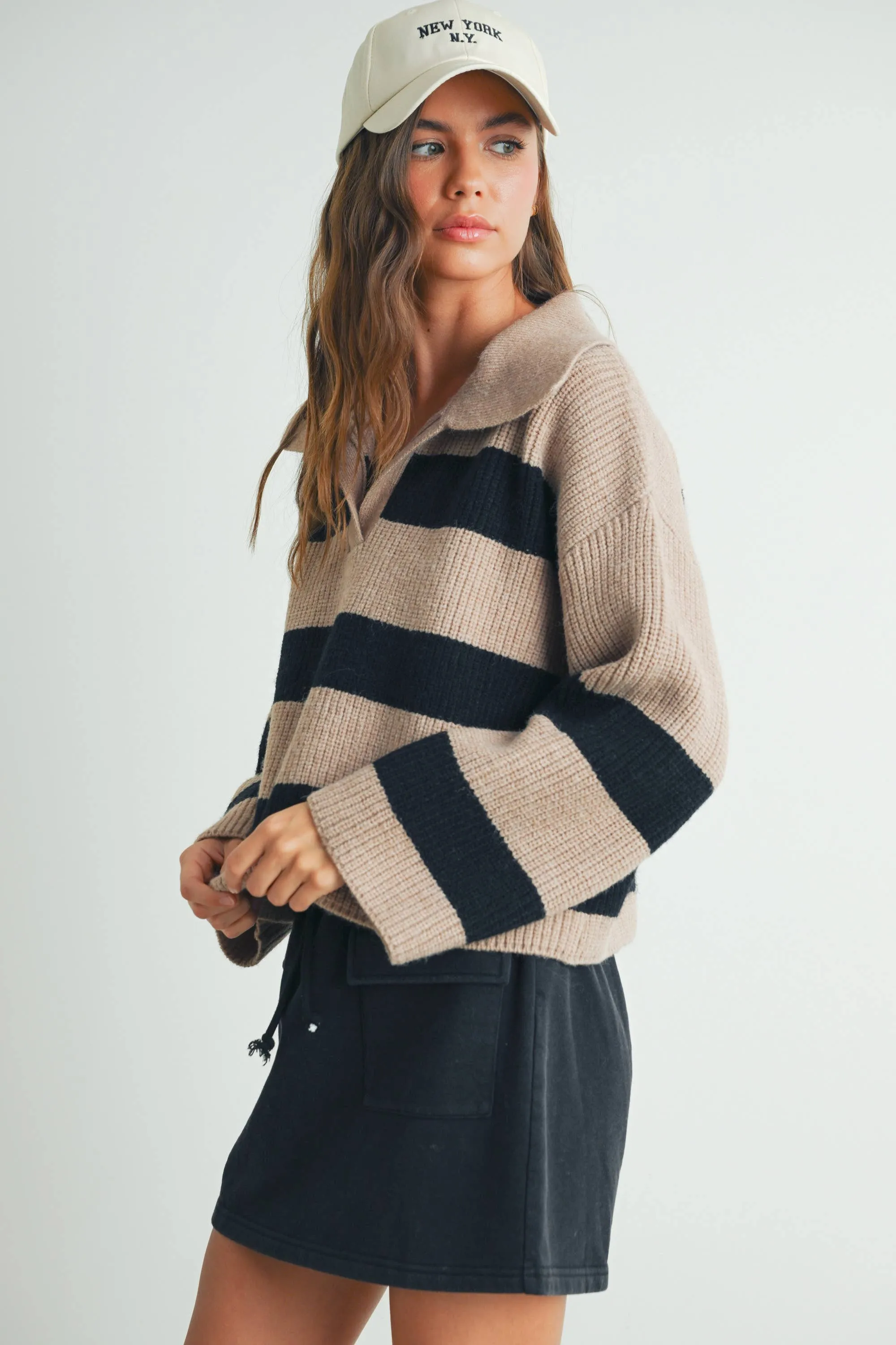 STRIPE DROP SHOULDER WITH WIDE COLLAR SWEATER