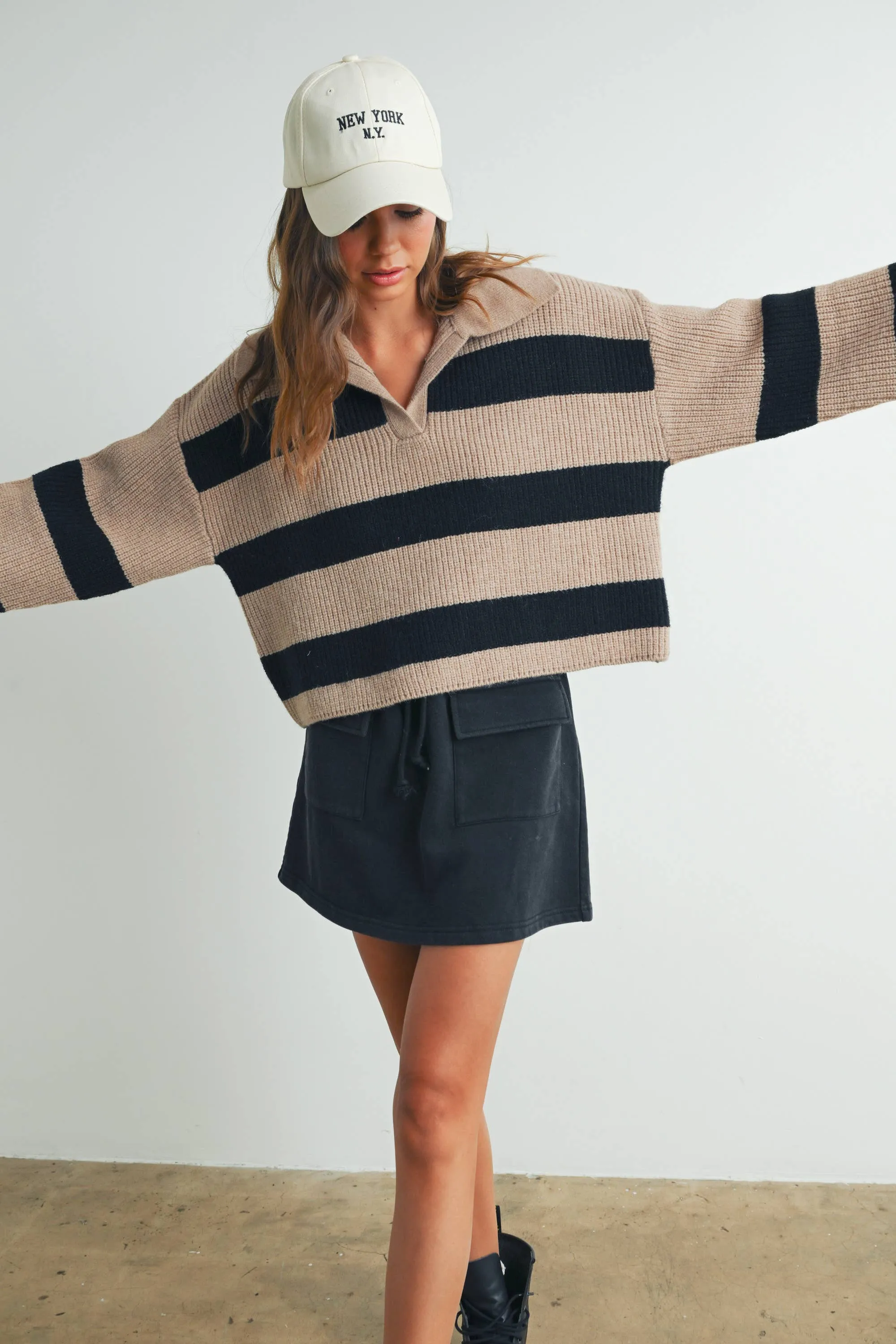 STRIPE DROP SHOULDER WITH WIDE COLLAR SWEATER