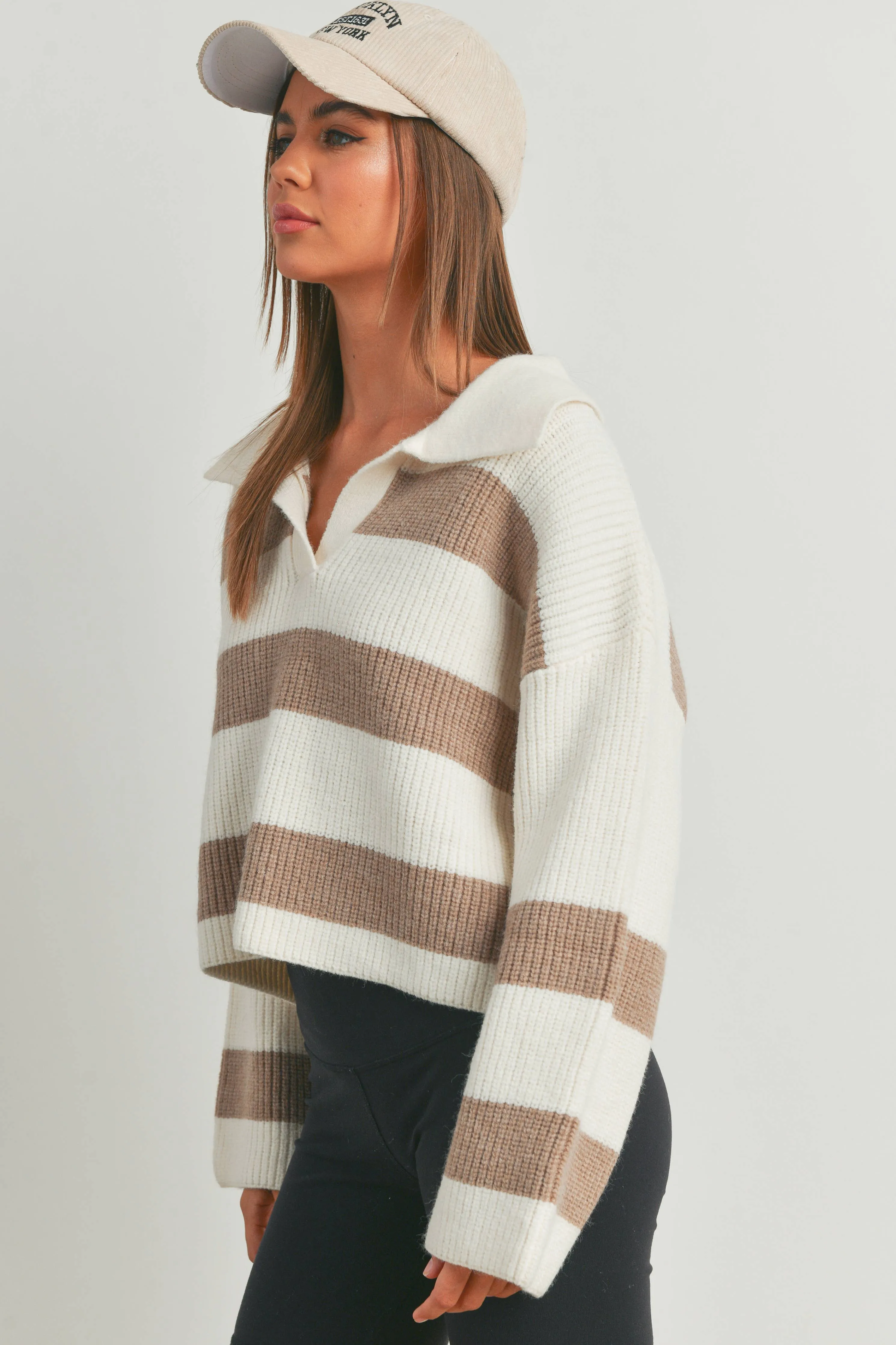 STRIPE DROP SHOULDER WITH WIDE COLLAR SWEATER