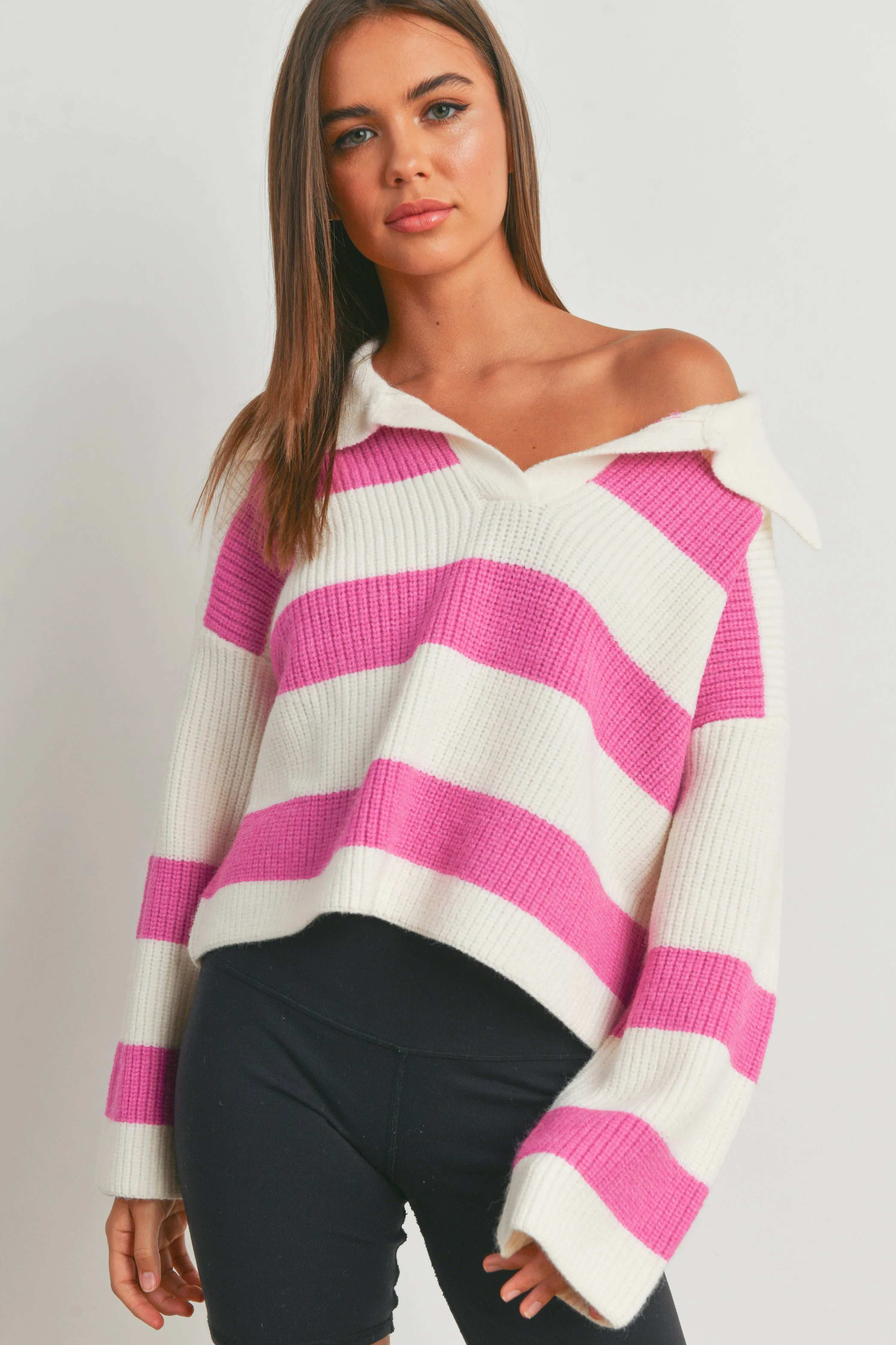 STRIPE DROP SHOULDER WITH WIDE COLLAR SWEATER