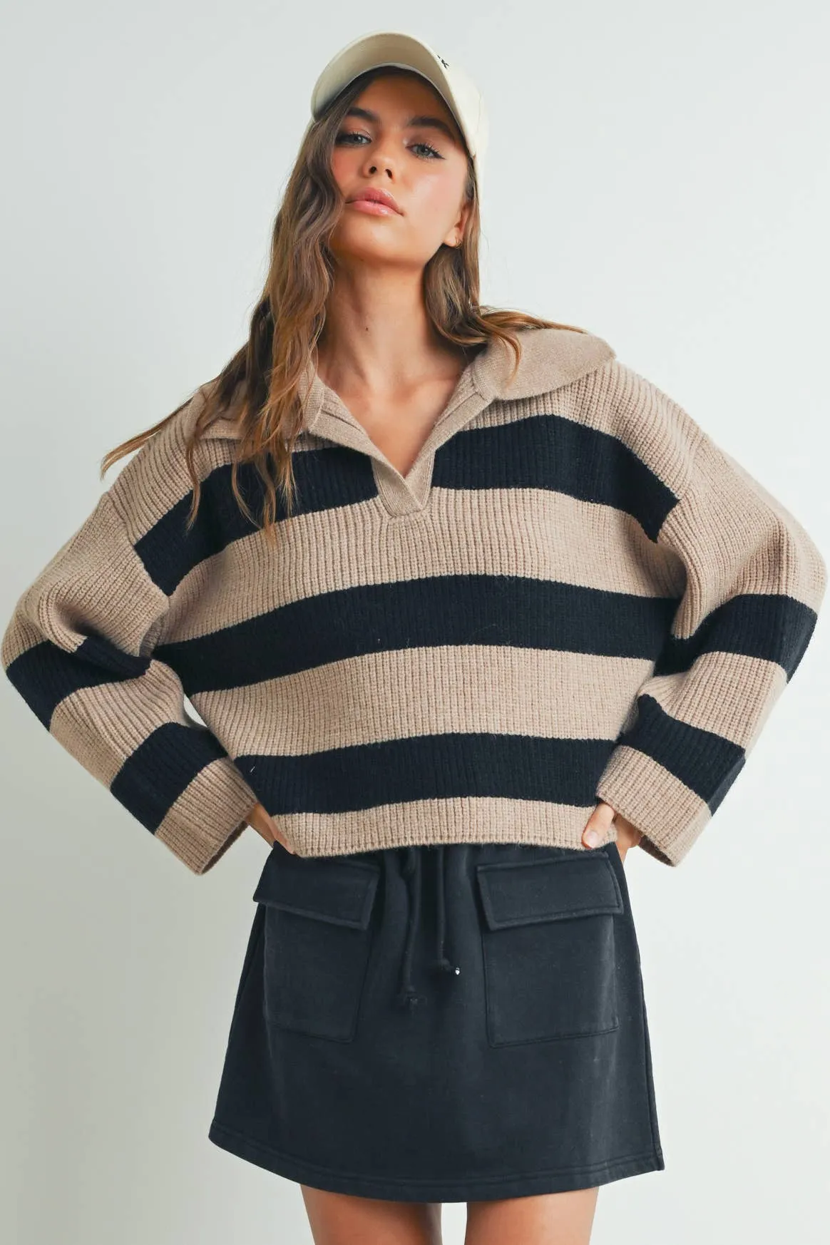 STRIPE DROP SHOULDER WITH WIDE COLLAR SWEATER