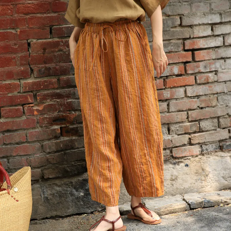 Stripe Women Casual Wide Leg Linen Pants Z98402