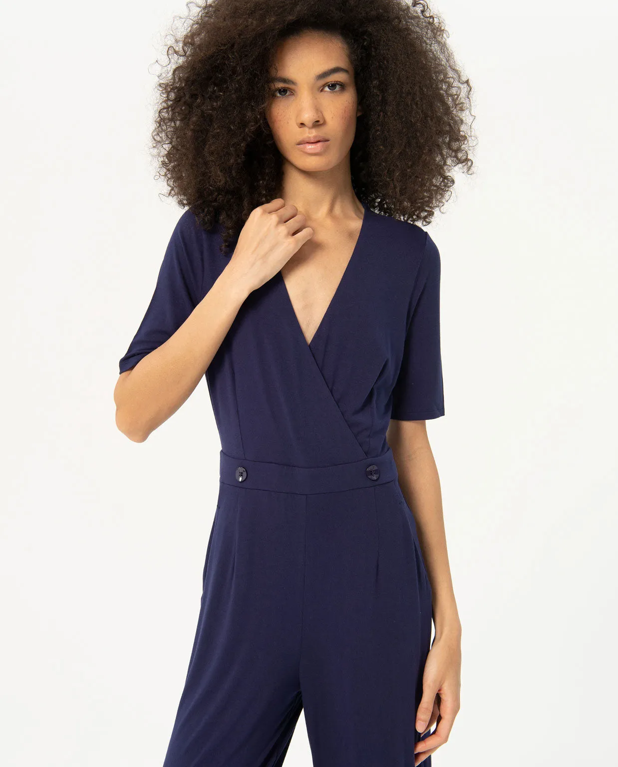 Surkana crossover neckline jumpsuit short sleeves navy blue