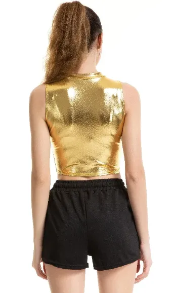 Turtleneck Sleeveless Metallic Crop Top