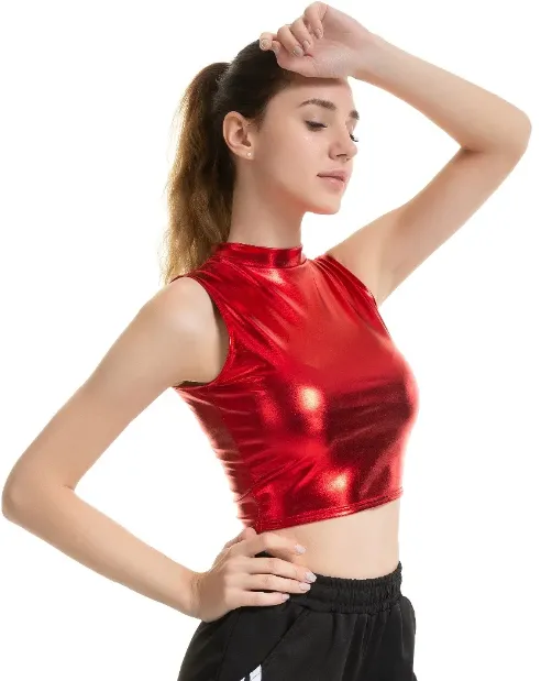 Turtleneck Sleeveless Metallic Crop Top