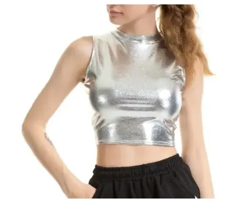 Turtleneck Sleeveless Metallic Crop Top