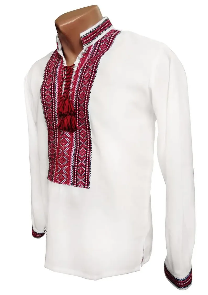 Ukrainian men's embroidered shirt of white color with woven embroidery