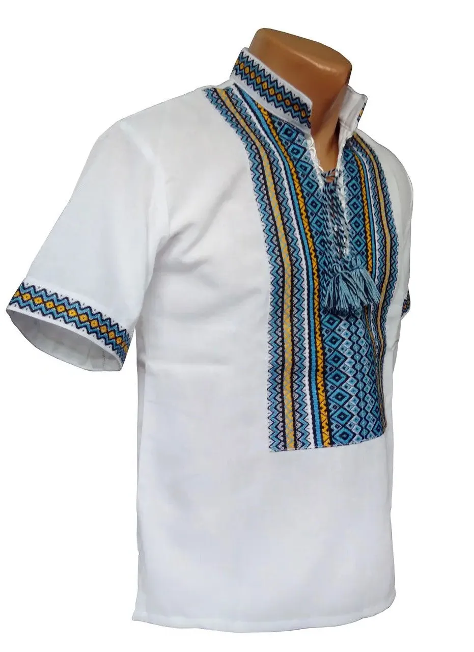 Ukrainian men's embroidered shirt of white color with woven embroidery