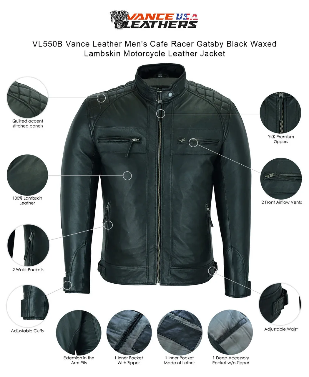 VL550B Vance Leathers' Men's Cafe Racer Gatsby Black Waxed Lambskin Motorcycle Leather Jacket