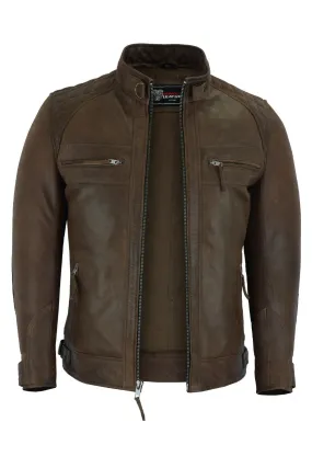 VL550CBr Vance Leathers' Men's Cafe Racer Waxed Lambskin Chocolate Brown Motorcycle Leather Jacket