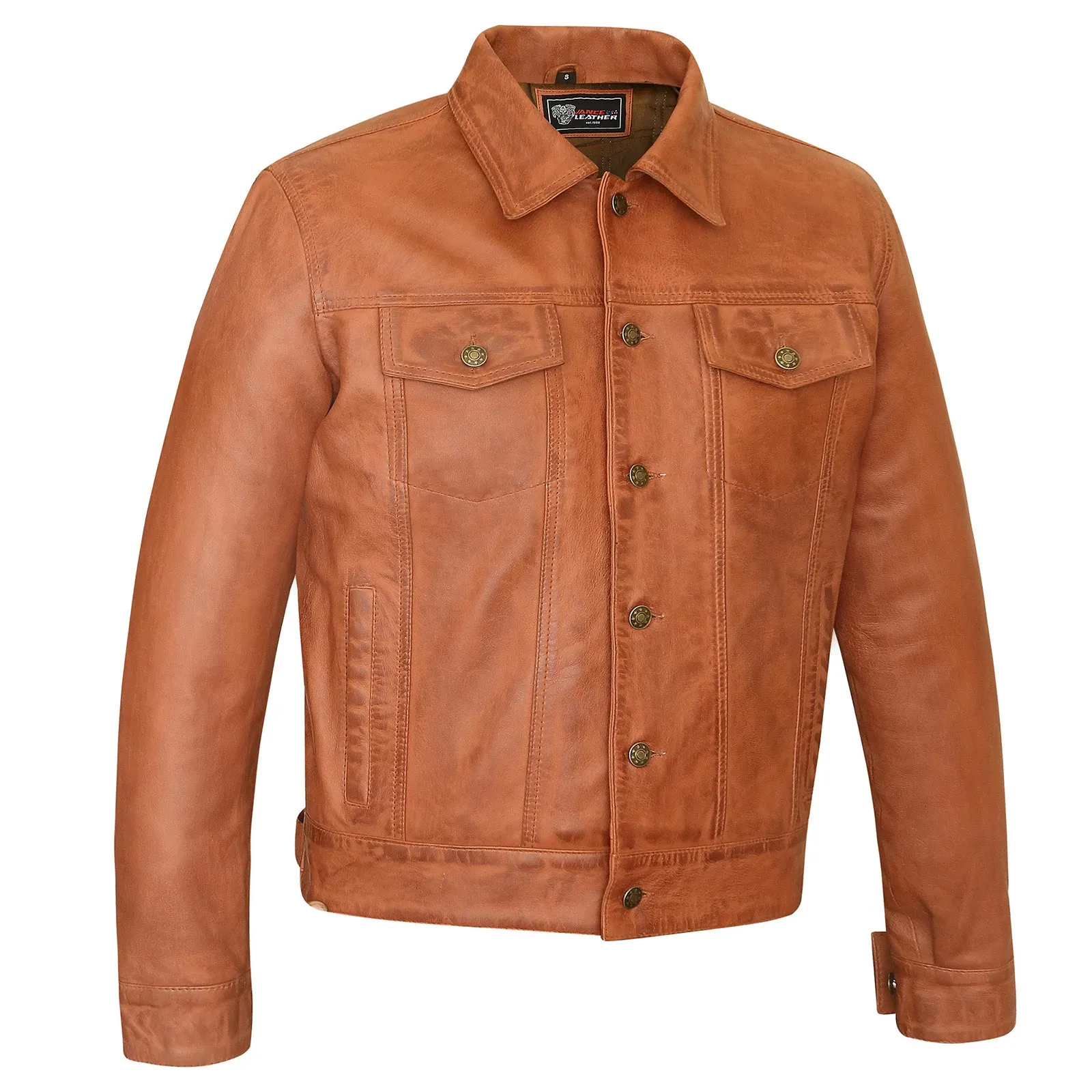 VL555Br Vance Leathers' Men's Austin Brown Motorcycle Trucker Leather Jacket