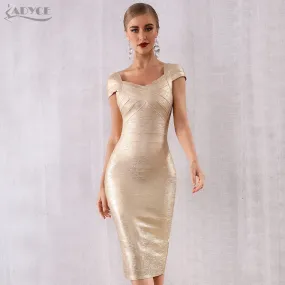 Wenkouban 2022 New Summer Gold Bandage Dress Women Vestido Sexy Short Sleeve Bodycon Club Dress Midi Celebrity Evening Party Dresses