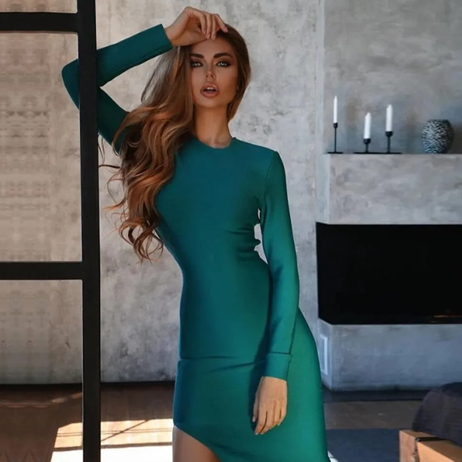 Wenkouban 2022 New Winter Long Sleeve Green Runway Bandage Dress Women Sexy Hollow Out Backless Club Celebrity Evening Party Dresses