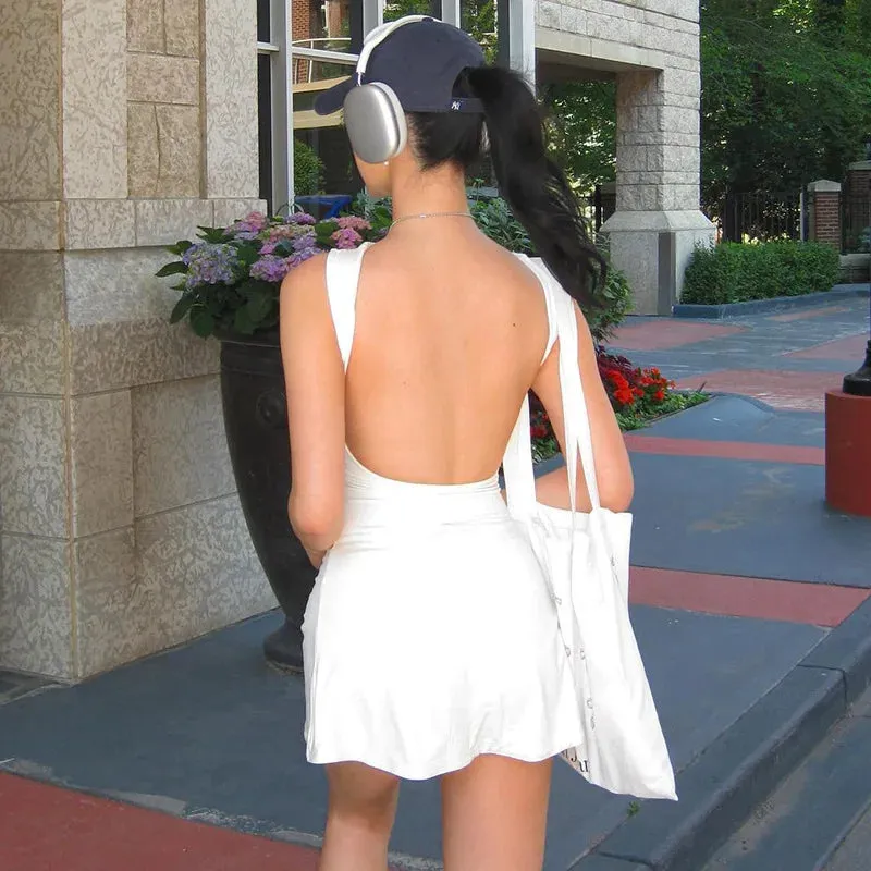 White Backless Sleeveless Bodycon Fashion Solid Basic O-neck Slim Party Casual Mini Dress