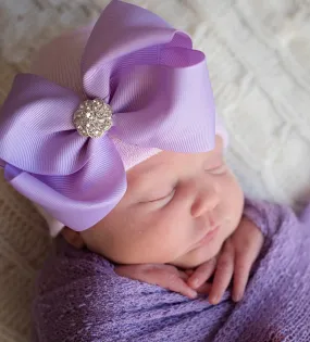 White or Pink Newborn Baby Girl Hospital Beanie Hat with Big Purple Ribbon Bow Infant Hat Newborn Hat