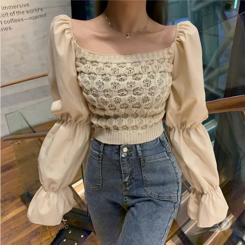 Women Slash Neck Cropped Sweater Pullover Crop Top Patchwork Chiffon Flare Sleeve Sweater For Female