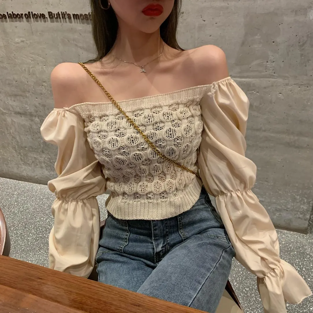 Women Slash Neck Cropped Sweater Pullover Crop Top Patchwork Chiffon Flare Sleeve Sweater For Female