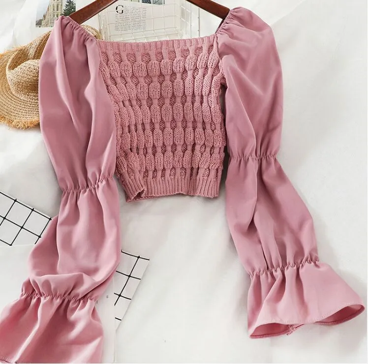 Women Slash Neck Cropped Sweater Pullover Crop Top Patchwork Chiffon Flare Sleeve Sweater For Female