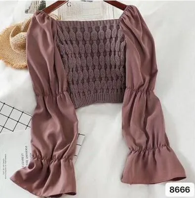 Women Slash Neck Cropped Sweater Pullover Crop Top Patchwork Chiffon Flare Sleeve Sweater For Female