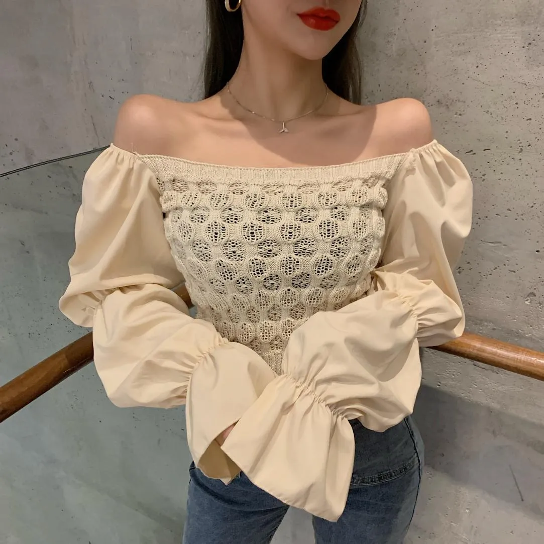 Women Slash Neck Cropped Sweater Pullover Crop Top Patchwork Chiffon Flare Sleeve Sweater For Female