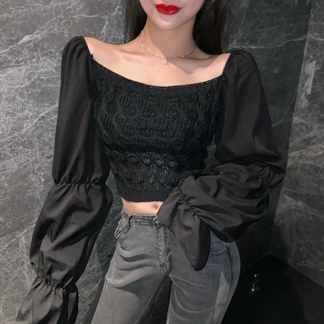 Women Slash Neck Cropped Sweater Pullover Crop Top Patchwork Chiffon Flare Sleeve Sweater For Female