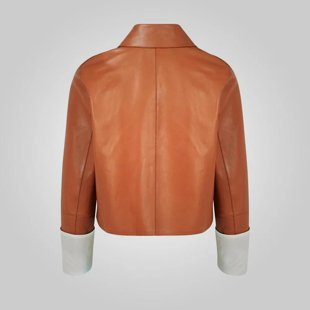 Women's Designer Brown and White Leather Jacket