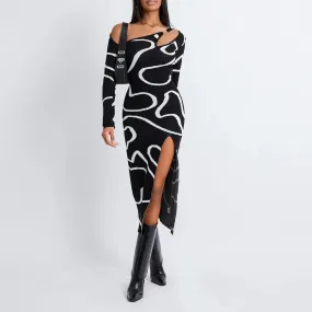 Y2k Jacquard Off Shoulder Long Sleeve Asymmetric Bodycon Split Midi Dress