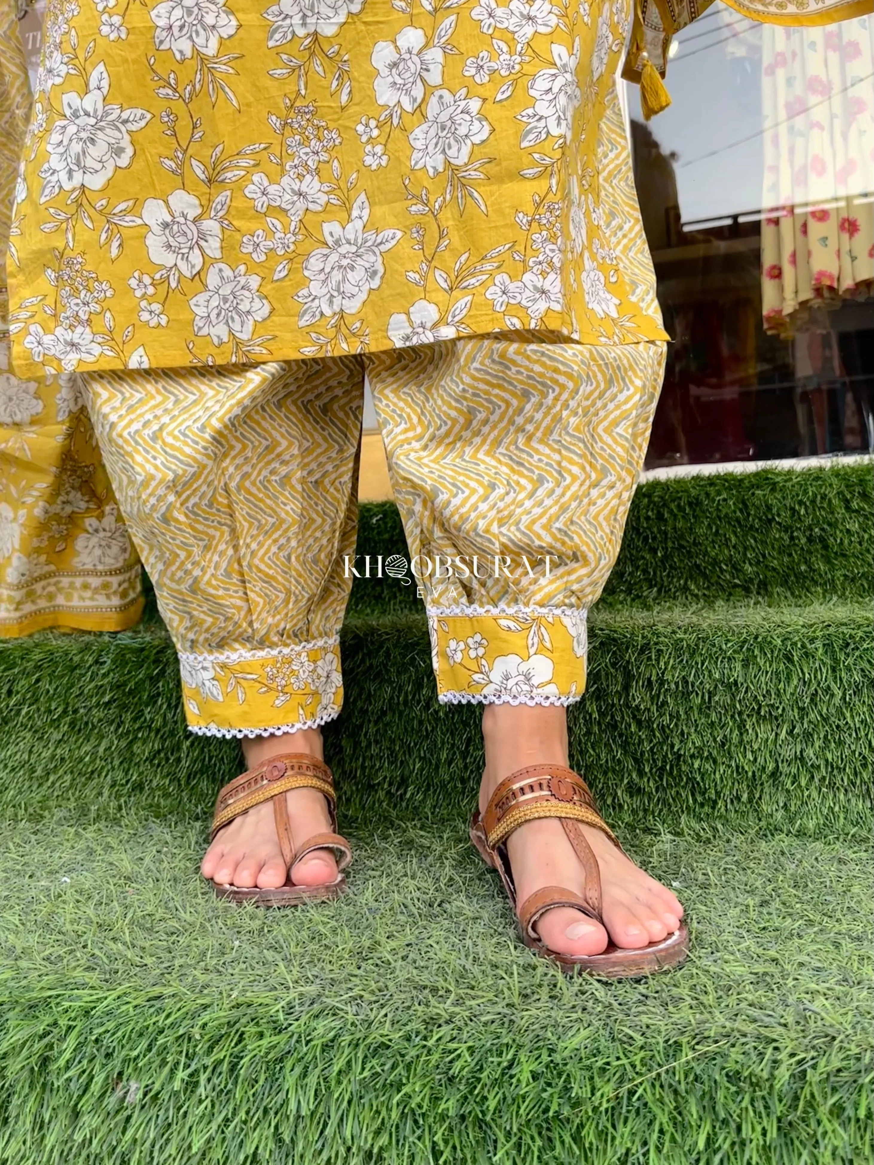 Yellow Kurti with Afghani Pants and Dupatta Set