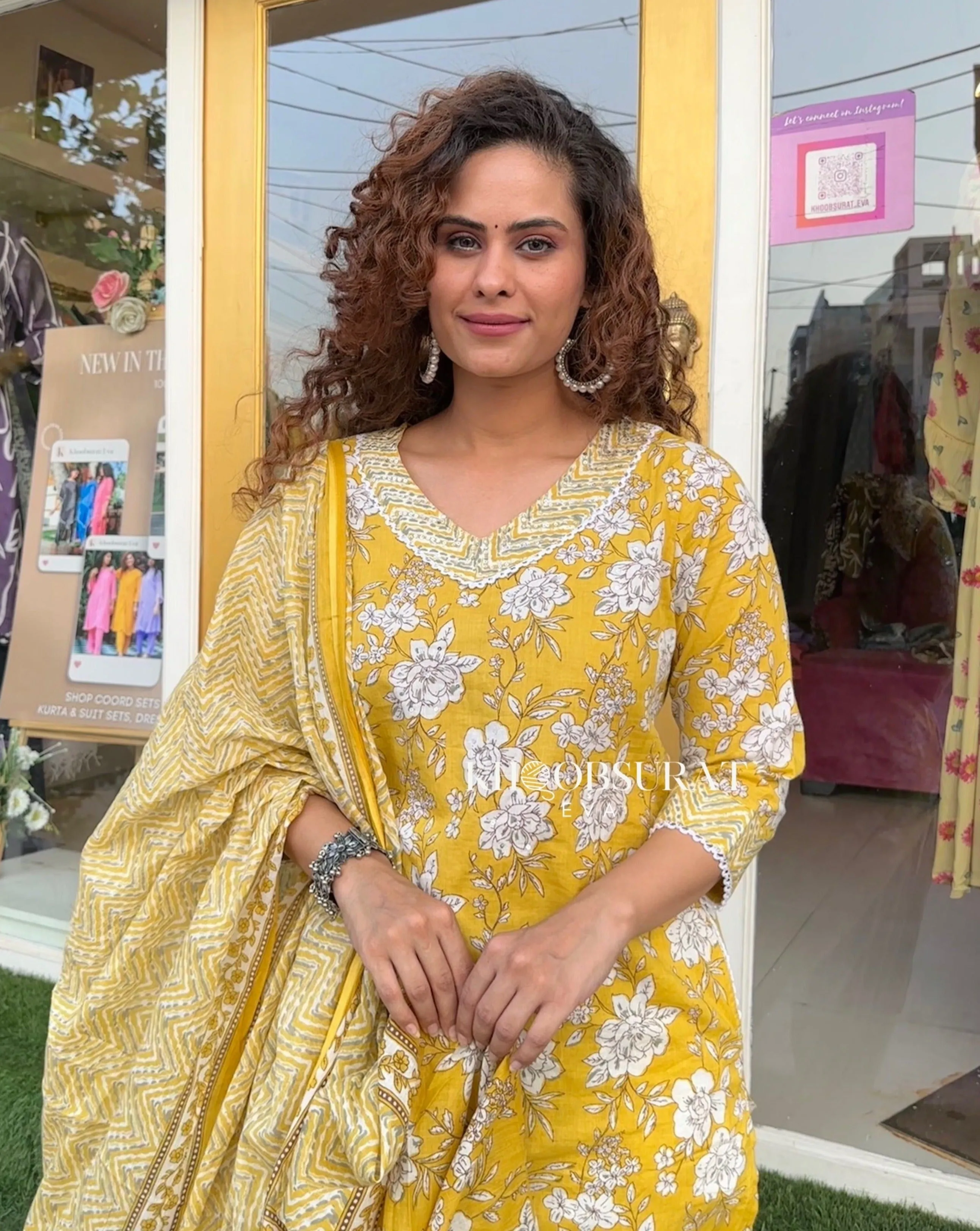 Yellow Kurti with Afghani Pants and Dupatta Set