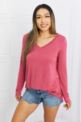 Zenana Full Size V-Neck Curved Hem Top in Rose